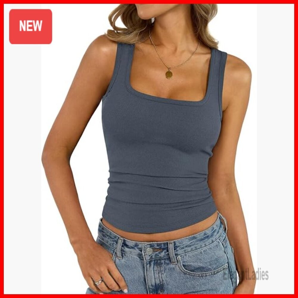 Cotton Ribbed Square Neck Tank Top Fitted Thin Strap Summer Cami